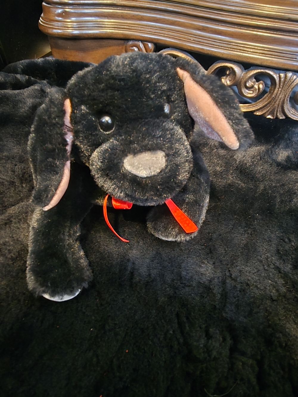 Two Blind Brothers Beacon Black Dog Plush Stuffed Animal Red Ribbon Soft Toy